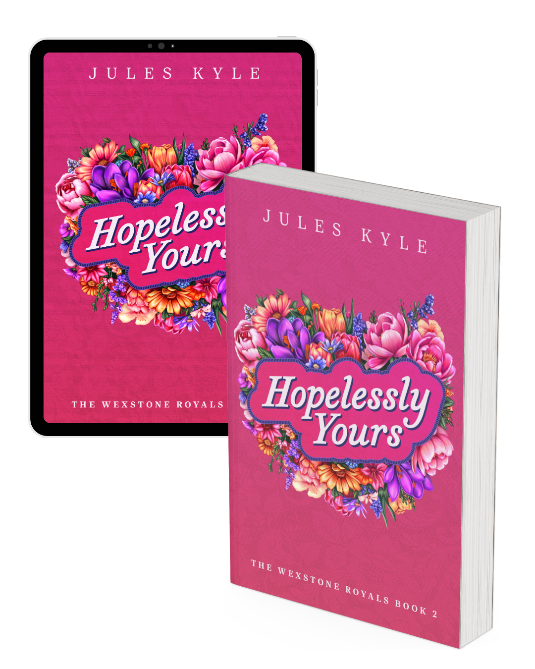 Mockup showing the cover of Hopelessly Yours on an e-reader screen just behind a paperback version of the book.